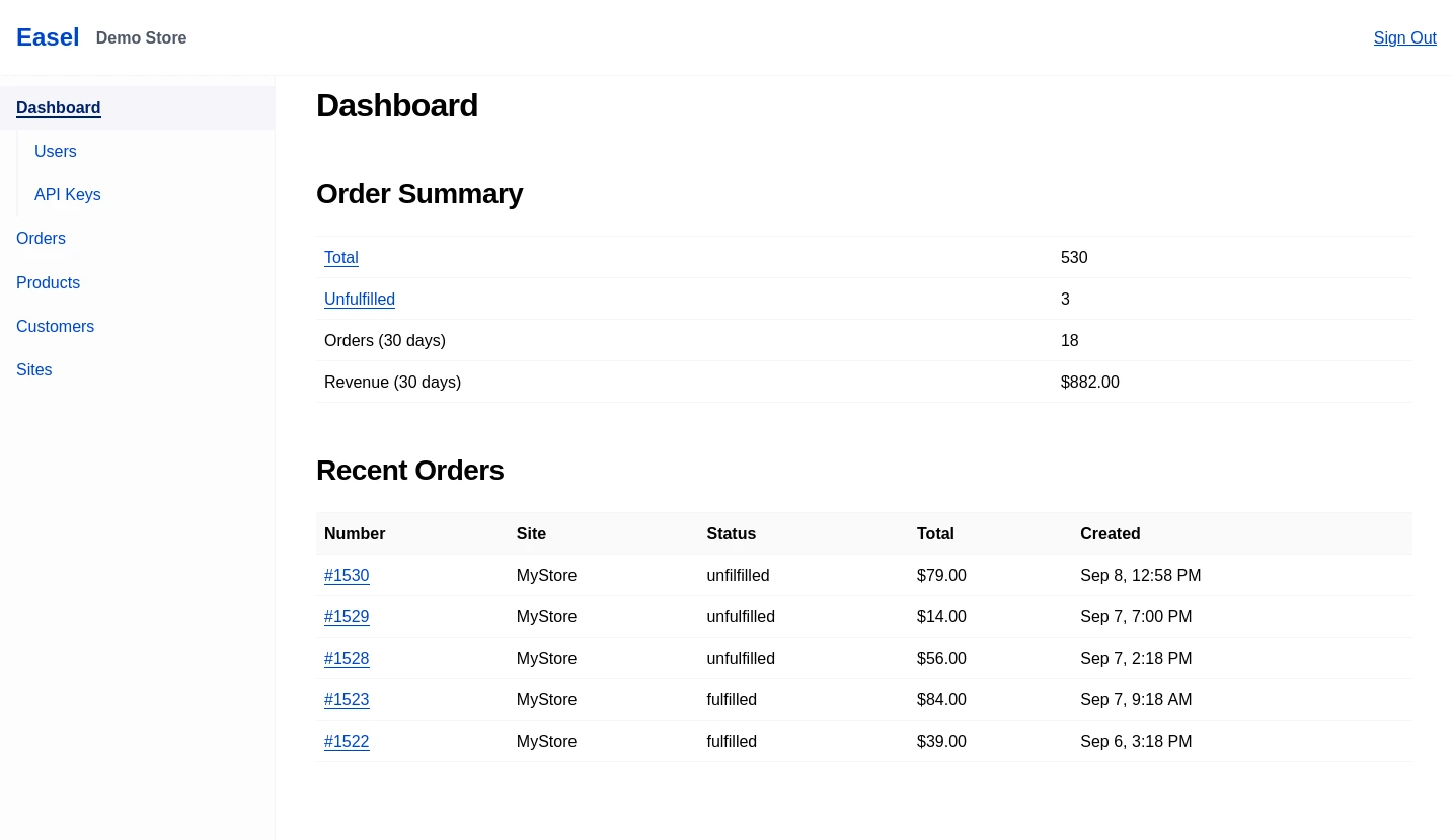 Screenshot of an Easel Dashboard showing recent orders